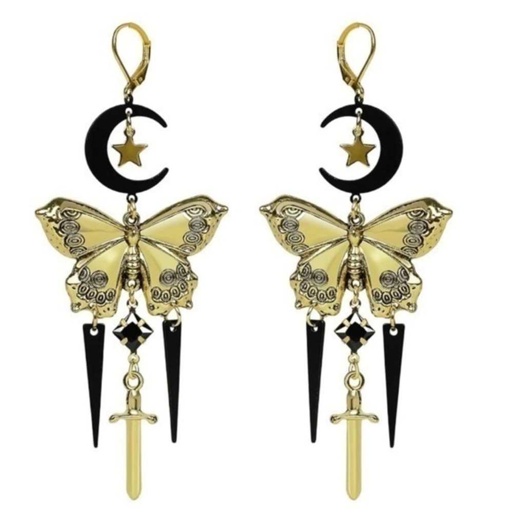 Gold & Black Butterfly Moon Drop Earrings